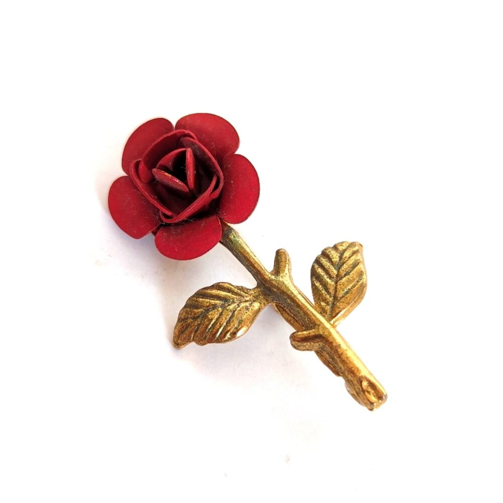 Vintage Estate Dainty Red Rose Flower Gold Tone Spring Summer Brooch